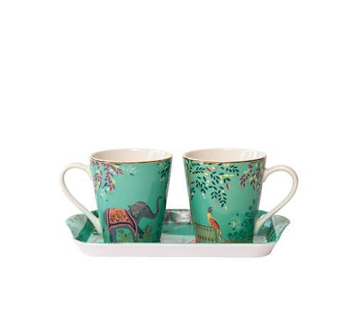 Sara Miller London India Mug & Tray Set, Elephant Oasis - 3 Piece Brunch Set - 2 Porcelain Mugs with 22ct Gold Detailing & Coordinating Melamine Tray for Afternoon Tea Moments & Special Events