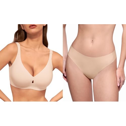 Wave Push Up Wireless Bra Seamless Bras Skin S & Cotton Thongs for Women Skin S