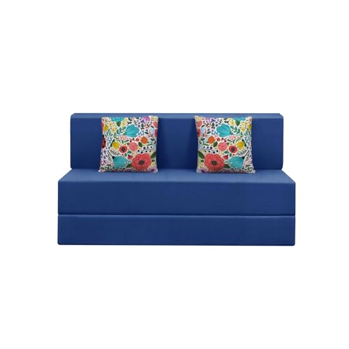 Image of Rosebell Foldable 2 Seater Sofa Cum Bed, Sofa Bed 4X6 Feet, Jute Fabric- Washable Cover- Including Two Cushion Perfect for Home & Office-Blue Color