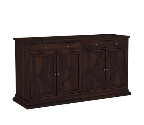 Image of Solid Sheesham Wood Sideboard Cabinet - Elegant Free-Standing Movable Chest of Drawers with 2 Drawers & 4 Shelf storag for Stylish Living Room Walnut