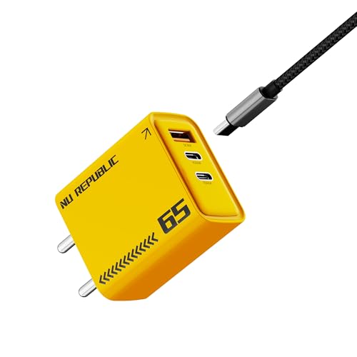 Image of Nu Republic Cybotron 65W GaN Superfast Wall Charger with Type-C to Type-C Cable, 65W Output (Yellow), Type-C and USB-A Enabled Smartphones, Tablets, laptops, and Other Electronics Gadgets
