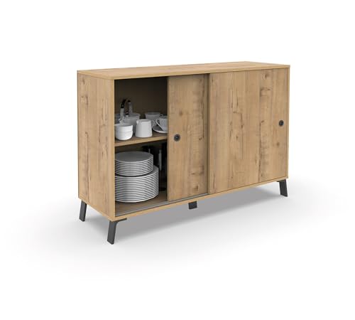 MUEBLES PITARCH Aparador Salón Comedor, Buffet, Mueble Auxiliar, 2 Puertas correderas, Roble Gold con Patas Negras, 87x120x40cm, Despensa, Cocina, Despacho, Recibidor Moderno Industrial, Modelo Kamet