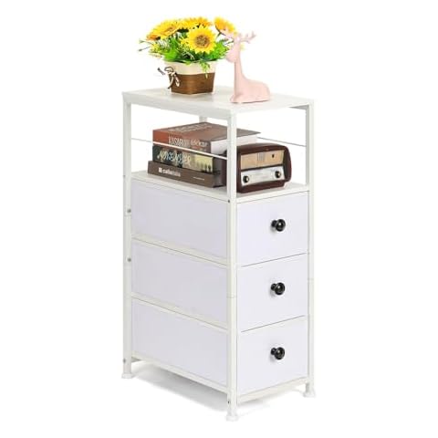MOOACE Narrow Dresser for Bathroom, Slim Dresser Storage Cabinet, Chest of 3 Fabric Drawers with Wood Shelf, Bedroom Organizer Tower for Small Space, Closet, Laundry, White Cover