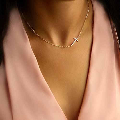 Pencros Gold Sideways Cross 18K Gold Filled Horizontal Small Cross Pendant Religious Jewelry For Women Girls #TOP2