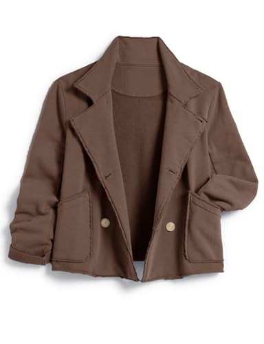 Women's Cropped Pea Coat Notched Lapel Double Breasted Trench Overcoat Blazer Jacket with Pockets4