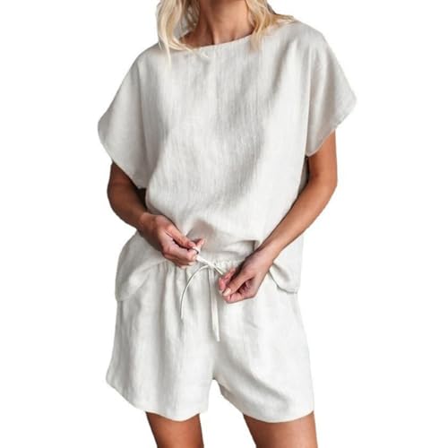 Ensemble court femme coton lin respirant et léger avec short à cordon taille M coloris abricot