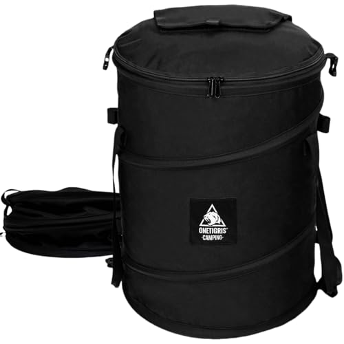 OneTigris Collapsible Trash Can for Camping 12 Gallon Pop up Trash Can with Sorting Clips Outdoor Collapsible Bin with Lid 600d Oxford Cloth Yard Waste Bags Garden Bag for Camping Recycling RV