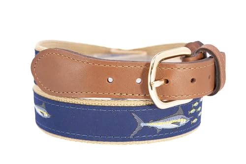 ZEP-PRO Marlin Men's Woven Ribbon Belt – Repeating Game Fish Ribbon With Tan Full Grain Leather Tabs – 1.25" Wide Outdoor Lifestyle Accessory, Size 303