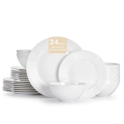 KINGSTONE Bone China Dinnerware Set, 24-Piece White Lightweight Porcelain with Textured Design Service for 8, Plates, Bowls, for Family Dining, Restaurants, Gifting，Microwave and Dishwasher Safe