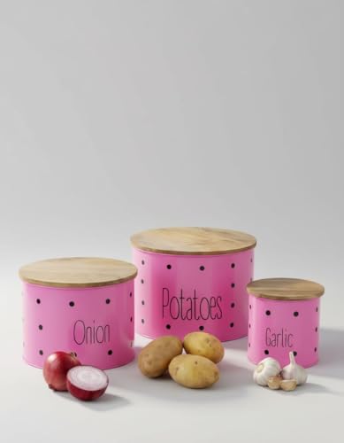 Image of Set of 3 Potato Onion & Garlic Storage Container For Kitchen | Storage Container For Kitchen Storage with Lid. (Pink)
