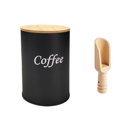 HDGSAFD 1 Lata De Café Negro Y 1 Cuchara, Lata De Almacenamiento Portátil, Cuchara Medidora De Madera, Lata Sellada con Tapa De Bambú, Utilizada para Té, Café, Almacenamiento De Dulces.
