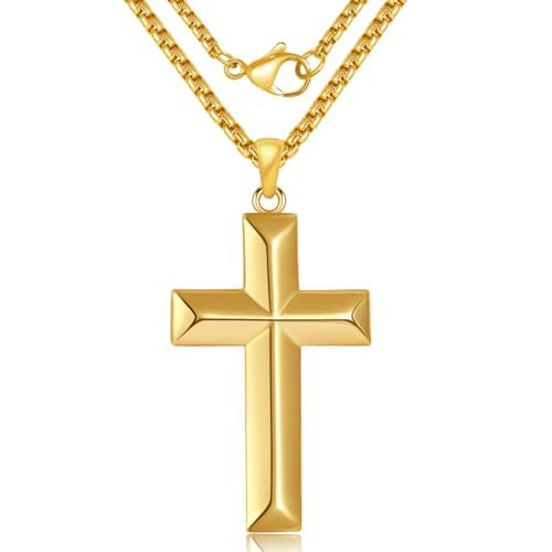 14K Gold Cross Necklace for Men - Gold Cross Pendant with Chain, Classic Religious Jewelry 20-24 Inch