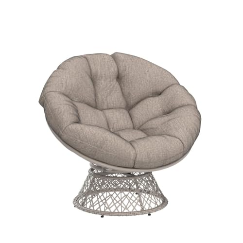 Image of Bme Ergonomic Wicker Papasan Chair with Soft Thick Density Fabric Cushion, High Capacity Steel Frame, 360 Degree Swivel for Living, Bedroom, Reading Room, Lounge, Silver Cloud - White Base