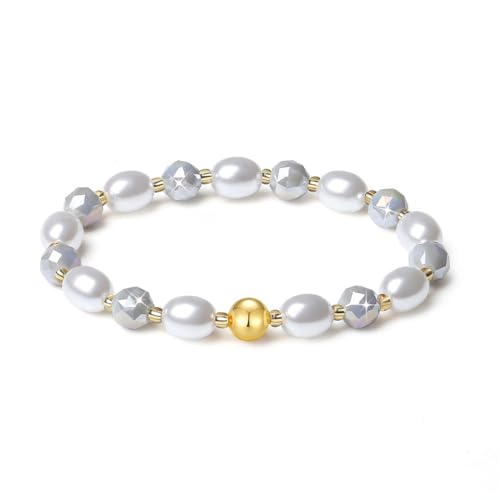 Image of MetJakt Handmade Stretch Bracelets for Women Bling Faceted Crystal Multi Color 8MM Beaded Pearl with 18K Gold Ball Beaded Natural Jewelry (Gray Porcelain)