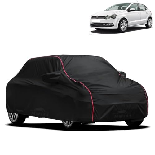 Image of Waterproof Car Cover for Volkswagen Polo | All-Weather Protection, Dustproof & UV Resistant | Triple Stitched Mirror Pockets, Windproof Buckle Strap with Elastic Hem, Black-Red Piping