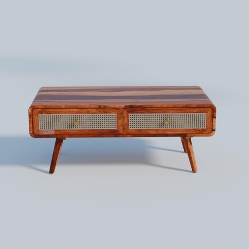 Image of DRIFTINGWOOD Amber Mid-Century Modern Solid Sheesham Wood Coffee Table - Wooden Center Table for Living Room with 2 Rattan Storage Drawers, Honey Finish