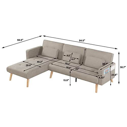 Linen Sectional Sofa Bed With Left Side Lounger, Convertible Sleeper Sofa Bed With Left Hand Facing Chaise, Solid Wood Legs And 3 Pillows, Couch For Living Room, Apartment, Office（Light Brown） #TOP1