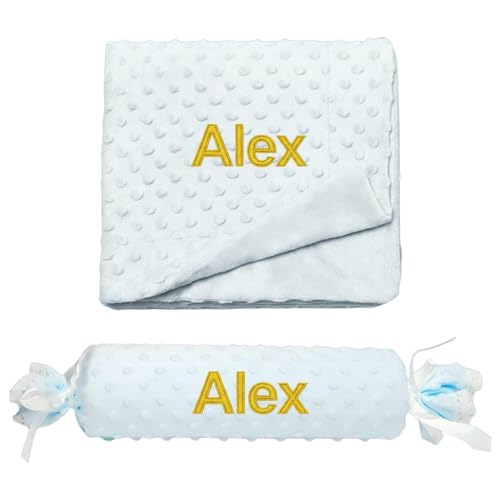 Various Manta y Cojin Personalizado para bebé Recien Nacido, Personalizado con su Nombre Bordado. (Azul)