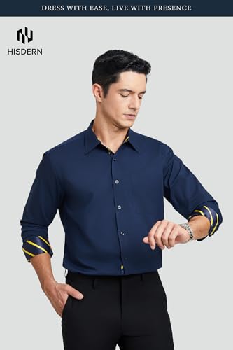 Image of HISDERN Mens Business Dress Shirts Long Sleeve Casual Button Down Shirt Formal Inner Collar Contrast Shirt for Men Wedding