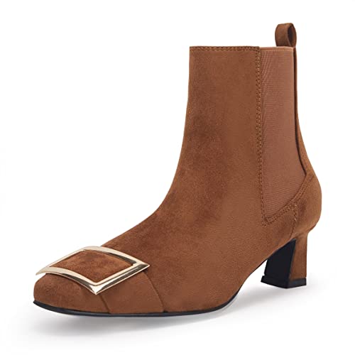 Photo 1 of Coutgo Womens Chelsea Square Toe Buckle Ankle Boots Low Chunky Heel Booties Slip On Shoes 5.5 Brown