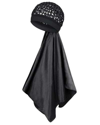 Satin Wrap Cap Hair Net and Scarf Combo for Silk Press - Soft Hair Net with Scarf for Sleeping Protective Hair Wrap Scarf (Black)