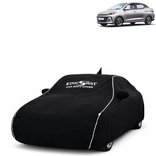 Image of KINGSWAY Super Waterproof Car Cover Only with Hyundai Aura (Year 2023 Onwards - All Model) | Mirror and Antenna Pockets | All Weather Car Body Cover with Silver Piping | Black
