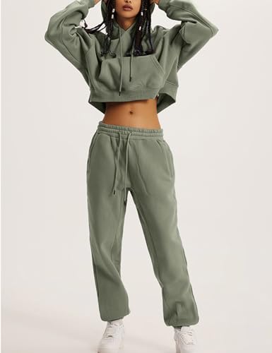 Flygo Womens Fleece 2 Piece Outfits Sweatsuit Crop Pullover Sweatshirt Joggers Pants Tracksuit Set