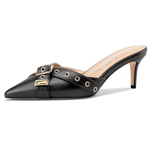 NobleOnly Kitten Heels for Women - Close Pointed Toe Mule Heels, Studded Slip On Party Dress Pumps, 2.6 Inches