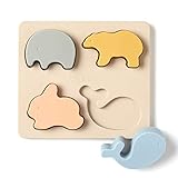 Ali+Oli Silicone Animal Puzzle – 4-Piece Montessori Shape Sorter Toy for Toddlers, Boys & Girls – Soft Neutral Colors, Educational Sensory Toy