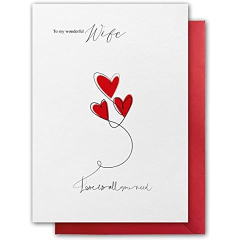Valentines Card for Wife. Love is all you need Design. Eco-friendly. Textured Stock. A5 Size. Valentine's Card with Red Envelope. Verse inside. Printed and Packed in UK Cover