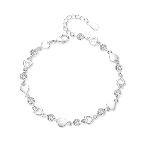 Pulseras para Mujer, Pulsera Mujer de Ley 925 con Circonita Brillante, Pulseras Deslizantes de Cadena Ajustable, Pulsera de Corazones para Mujer en Plata de Ley 925