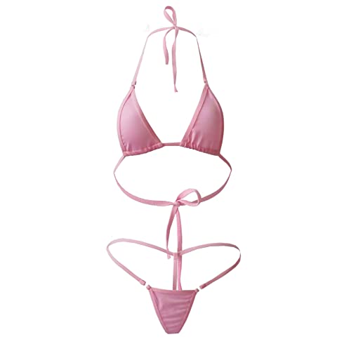 Traje de baño de dos piezas sexy brasileño bikini delgado tanga conjunto de lencería Swimwear de playa micro mini sujetador triángulo + tanga de cuerdas espalda desnuda Bikini mujeres, 1 set rosa,