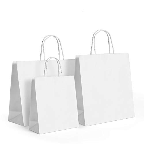 GSSUSA 150PCS White Kraft Paper Bags with Handles Gift Bags Assorted Sizes,8x4.25x10& 10x5x13& 16x6x12 50Pcs Each,White Gift Bags with Handles Bulk Gift Bags for Small Business,Craft Merchandise Bags