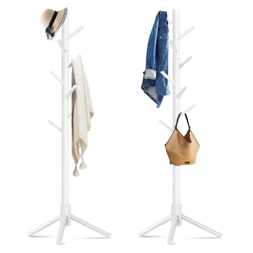 OUTGAVA Wooden Coat Rack Freestanding with 8 Hooks,Easy Assembly New Zealand Pine Tree Coat Racks, 3 Adjustable Sizes for Clothes, Hats, Bags, for Entryway, Hallway, Bedroom, Office (White, 2 PCS)