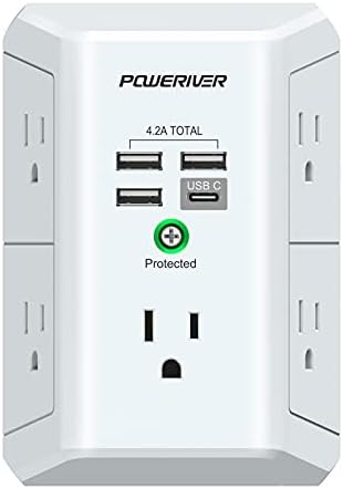 USB Wall Charger,POWERIVER Multi Outlet Extender Surge Protector with 4 USB Ports(1 USB C,4.2A Total) 1680J Power Strip Multi Plug Wall Outlet Adapter Spaced for Home School Office,ETL Listed,White