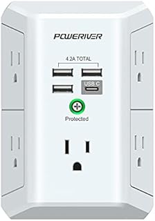 USB Wall Charger,POWERIVER Multi Outlet Extender Surge Protector with 4 USB Ports(1 USB C,4.2A Total) 1680J Power Strip Multi Plug Wall Outlet Adapter Spaced for Home School Office,ETL Listed,White