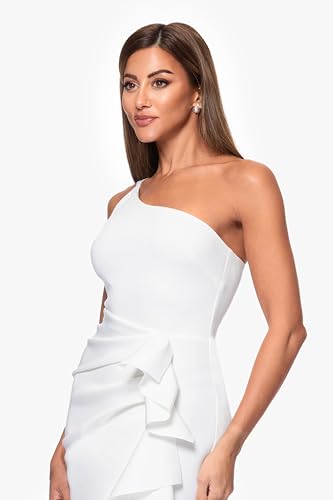 Xscape Women's Sleeveless One Shoulder Scuba Ruffle Midi Dress, Ivory, 44