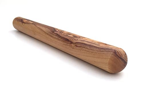 Rodillo de masa maciza redondeado, longitud 30/35 cm a elegir, rodillo para pizza, hecho a mano de madera de olivo, alta calidad (grande: 40 cm)