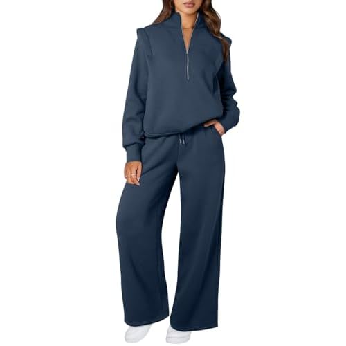 Aleumdr Women's 2 Piece Outfits Oversized Fleece Sweatsuit Half Zip Sweatshirt with Wide Leg Sweatpants Lounge Set Small Navy Blue