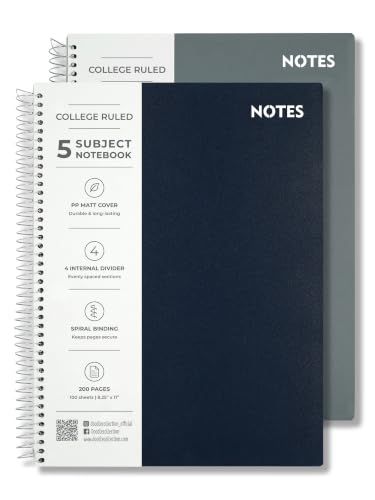 Image of DOODLE Focus Flow 5 Subject Spiral Notebook Set of 2 | Dark Blue + Grey | 200 Sheets Each, College Ruled Paper | Notebooks with Dividers & Water Resistant Covers for Work, Study & Projects