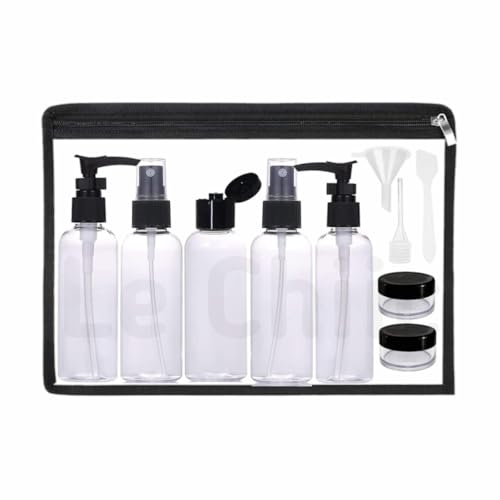 Image of 11-Pcs Leak Proof Portable Toiletry Empty Sprayers Bottle Containers Set | Cosmetic Toiletries Travel Pouch Refillable Spray Bottles Kit for Lotion Body Wash (Black)