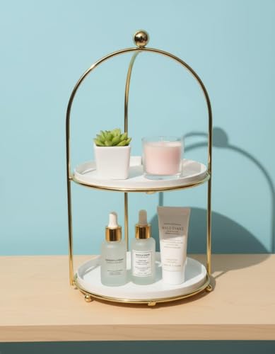 Image of White and Gold Metal 2-Tier Cake Stand Snack Platter for Home Decor (White)