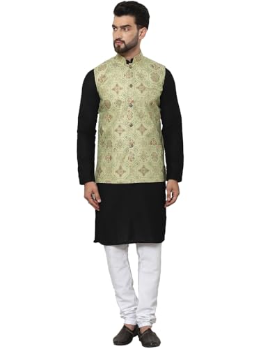 Image of SOJANYA (Since 1958 Men's Cotton Linen Maroon Kurta and White Pyjama with Mustard Cotton Nehru Jacket