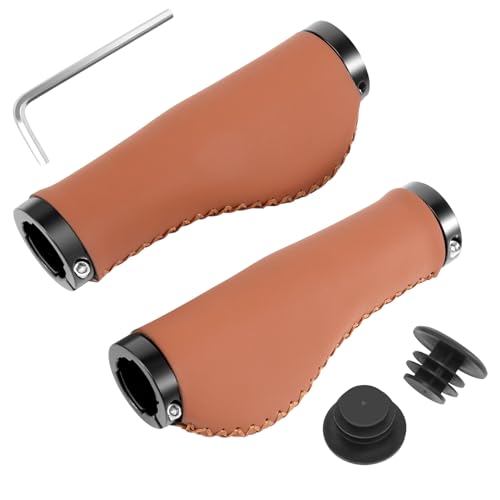 Giyofom Fahrradgriffe, Ergonomische fahrradlenker aus braunes echtes Leder,...