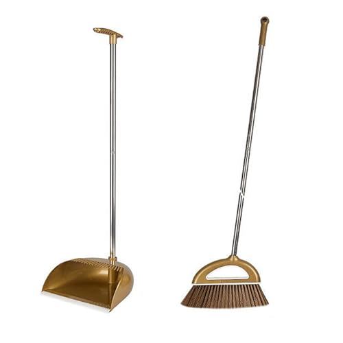 Broom and Dustpan Set - Long Handled Dust Pan and Brush Set with Built-In Teeth Comb - Broom with Dustpan Combo for Home Kitchen Room Office Lobby Floor Use