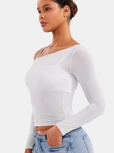 YEOREO Women Sheer Long Sleeve Crop Top Workout See Through One Shoulder Yoga T Shirts Summer Party Club Going Out Top4