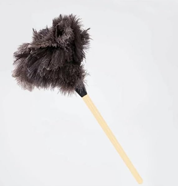 Professional Ostrich Feather Duster 14 Wood Handle Gray Feathers Stained Contoured Grip Lightweight Cleaning Tool for Attracting and Holding Dust in Homes and Offices