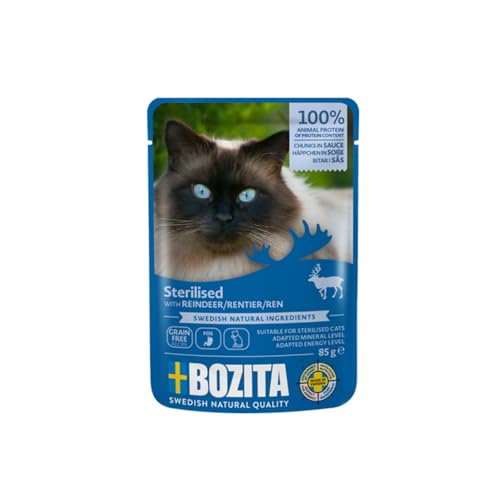 Bozita Sterilised Nassfutter Häppchen in Sauce mit Rentier - 12x85g Portionsbeutel getreidefreies & weizenfreies Futter für Katzen - Katzen Nassfutter mit 8,5% Protein & 3,5% Fettgehalt