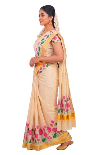 Image of Women's Mural Printed Kerala Gold Tissue Saree with Running Blouse Piece | Traditional South Indian Ethnic Saree for Festivals, Weddings & Special Occasions