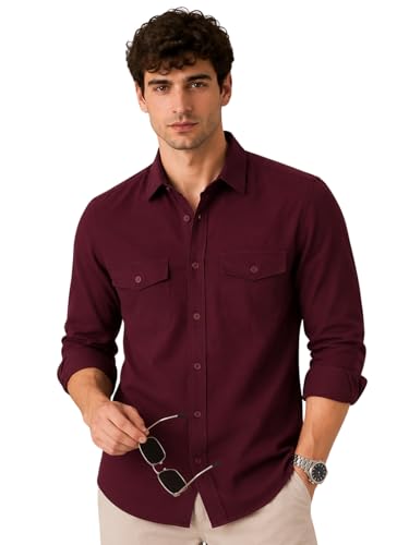 Image of Veirdo Men's Pure Cotton Utility Shirt | Full Sleeve Casual Button-Down with Dual Chest Pockets | Stylish & Comfortable Everyday Wear | Colors: Beige, Black, Maroon, Olive, Rust & White